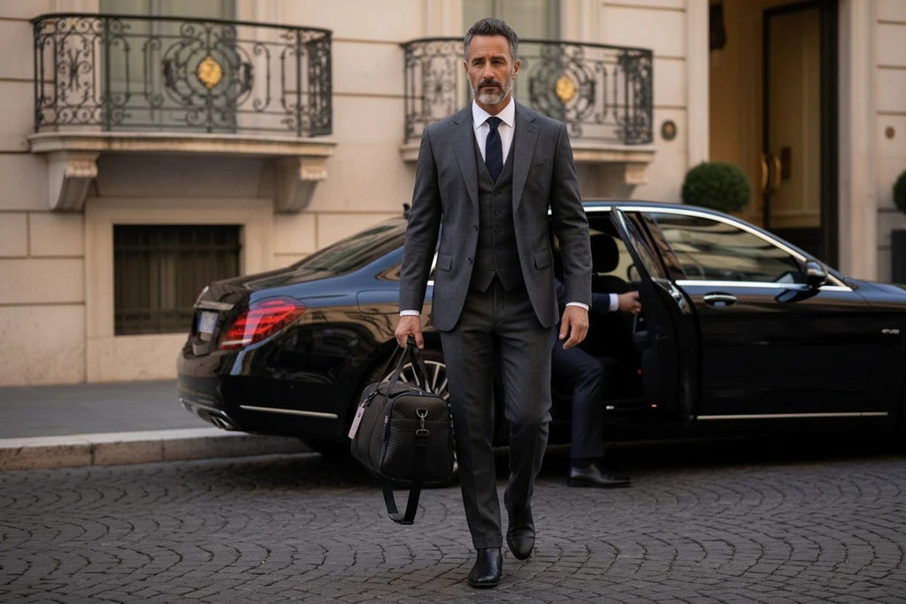 Man in a grey suit carrying a Barutti Bags & Accessories black full-grain leather Lucca weekender duffel bag.