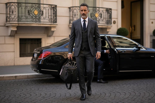 Man in a grey suit carrying a Barutti Bags & Accessories black full-grain leather Lucca weekender duffel bag.