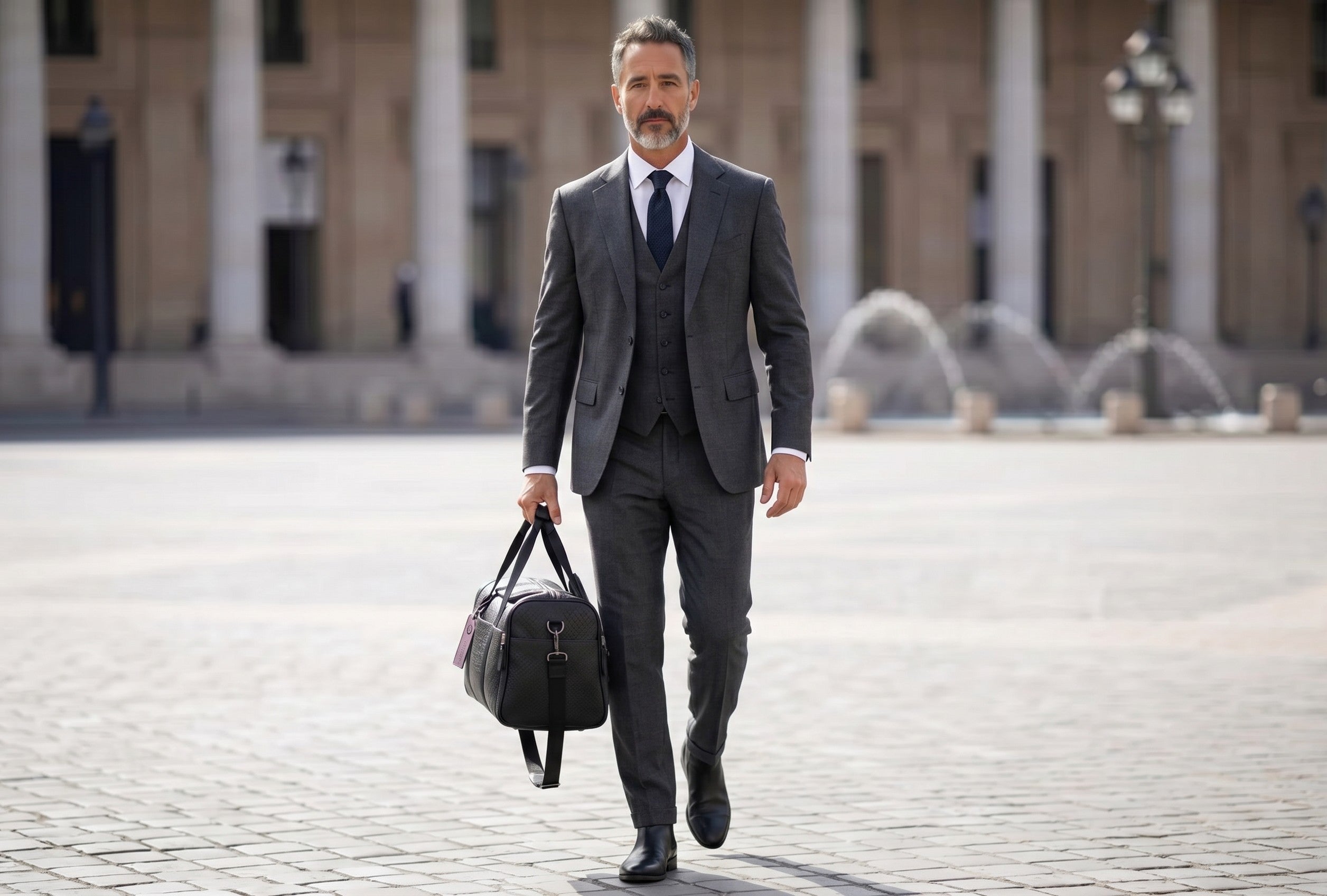 Man in a grey suit carrying a Barutti Bags & Accessories black full-grain leather Lucca weekender duffel bag.