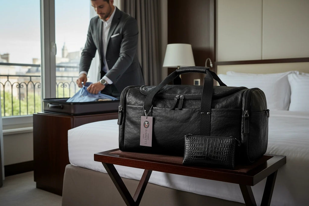 Barutti Bags & Accessories Lucca black full-grain leather weekender duffel bag on a hotel luggage rack.