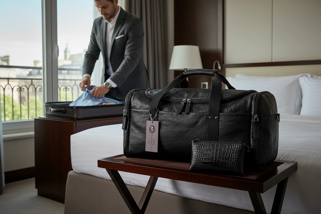 Barutti Bags & Accessories Lucca black full-grain leather weekender duffel bag on a hotel luggage rack.