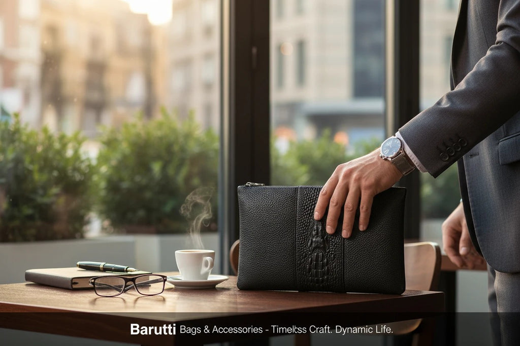 Barutti Bags & Accessories Milano black pebbled leather zip clutch with crocodile-embossed band on a cafe table.