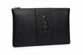 Barutti Bags & Accessories The Milano black pebbled leather zip clutch with a crocodile-embossed centre band.