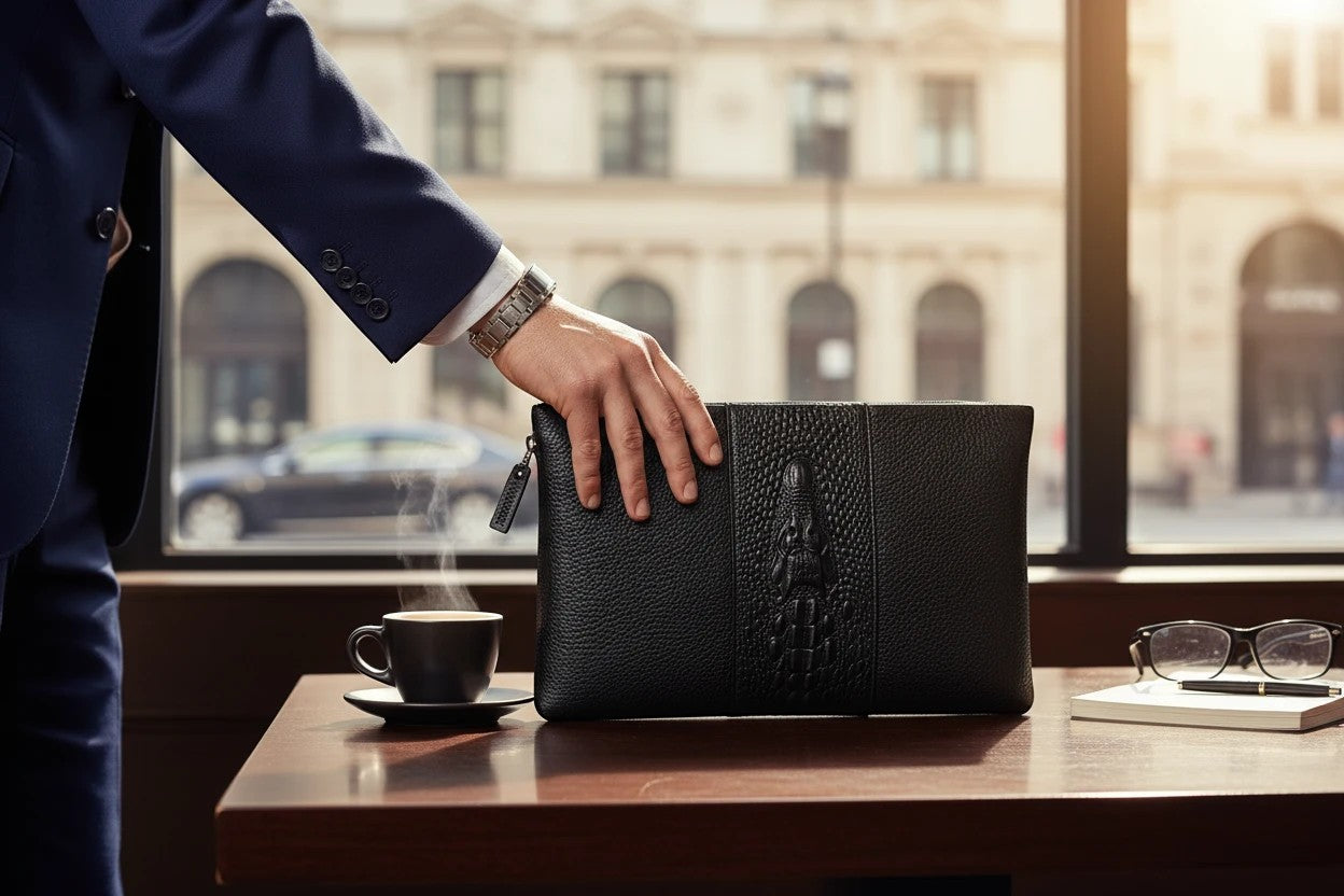 Barutti Bags & Accessories Milano black pebbled leather zip clutch with crocodile-embossed band on a wooden table.
