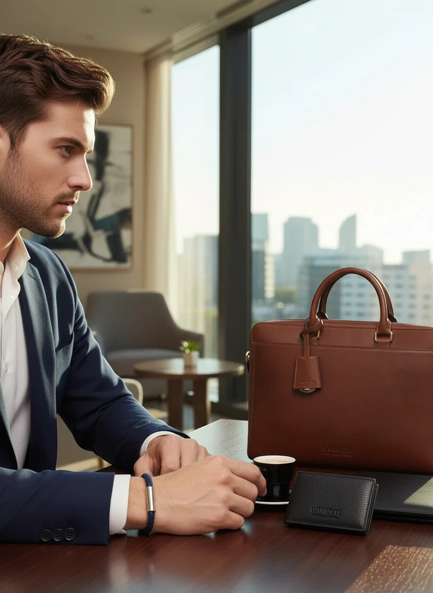 Man wearing a Barutti Bags & Accessories navy braided leather bracelet with a polished stainless-steel clasp.