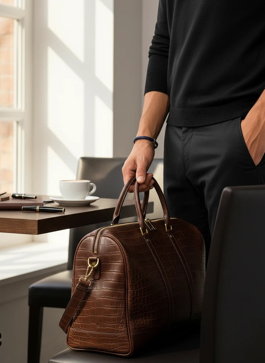 Barutti Bags & Accessories navy braided leather bracelet with stainless steel clasp worn by a man holding a bag.