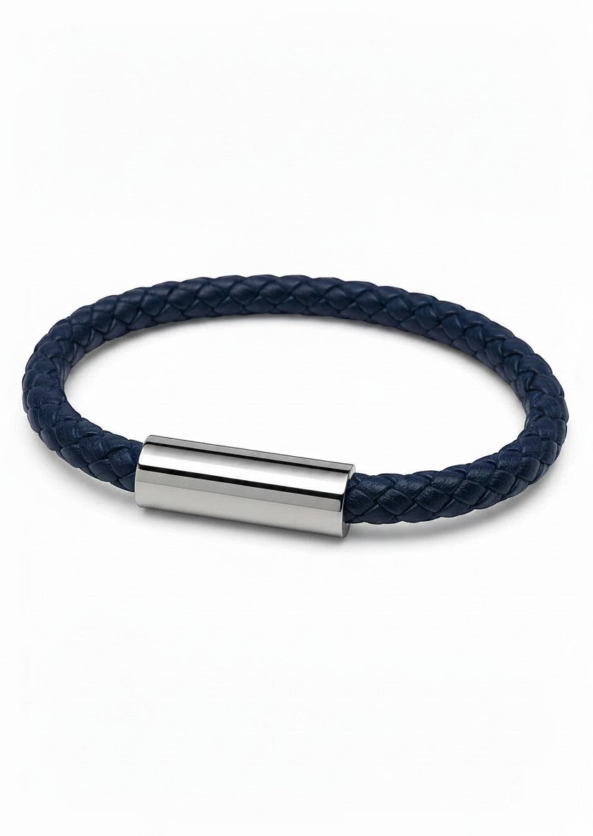 Barutti Bags & Accessories navy blue braided full-grain leather bracelet with a polished stainless-steel clasp.
