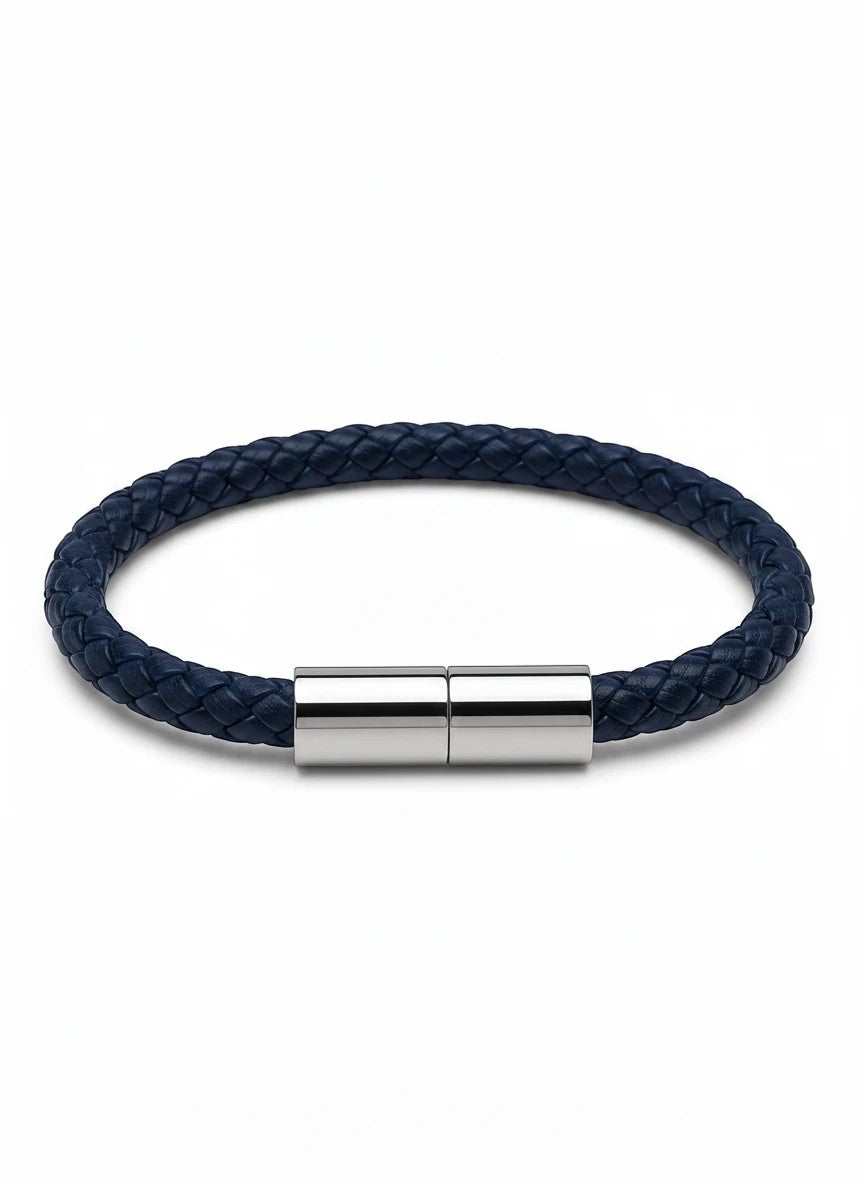 Barutti Bags & Accessories navy blue braided full-grain leather bracelet with a polished stainless-steel clasp.