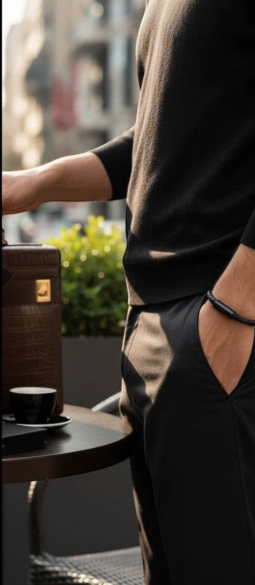 Barutti Bags & Accessories Nero black braided full-grain leather bracelet with matte stainless-steel magnetic clasp.