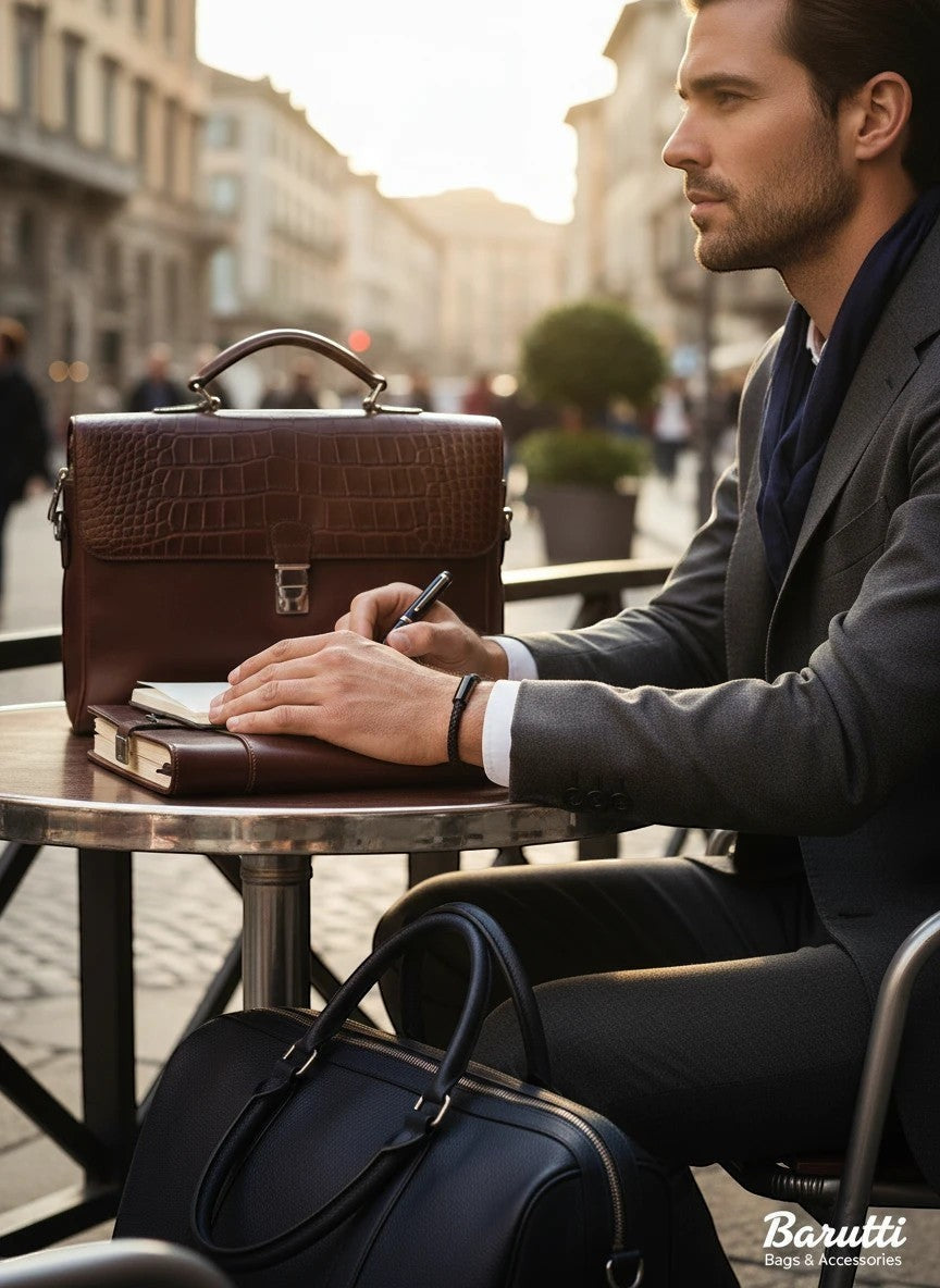 Man wearing a Barutti Bags & Accessories Nero black braided leather bracelet with a matte black magnetic clasp.