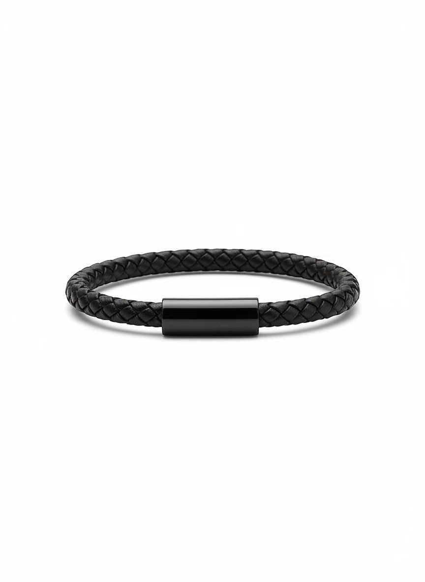 Barutti Bags & Accessories The Nero black braided full-grain leather bracelet with a matte stainless-steel clasp.