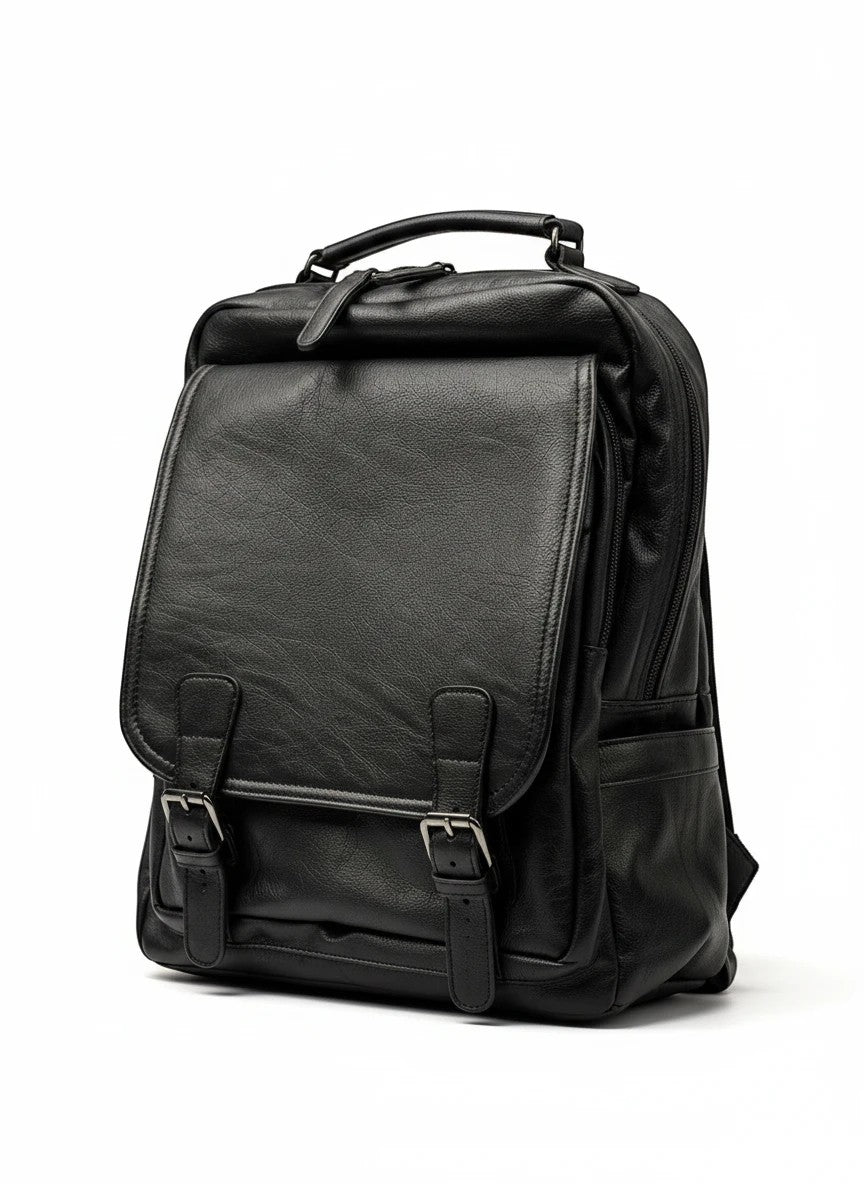 Barutti Bags & Accessories Padova black full-grain leather commuter backpack with brass zippers and laptop sleeve.