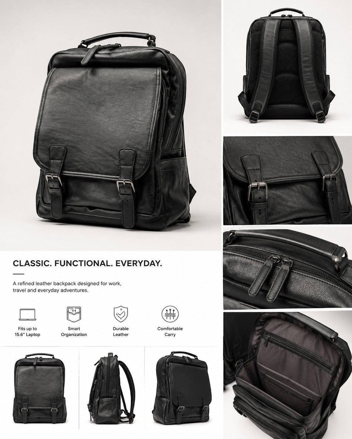 Barutti Bags & Accessories Padova black full-grain leather commuter backpack with laptop sleeve and brass zippers.
