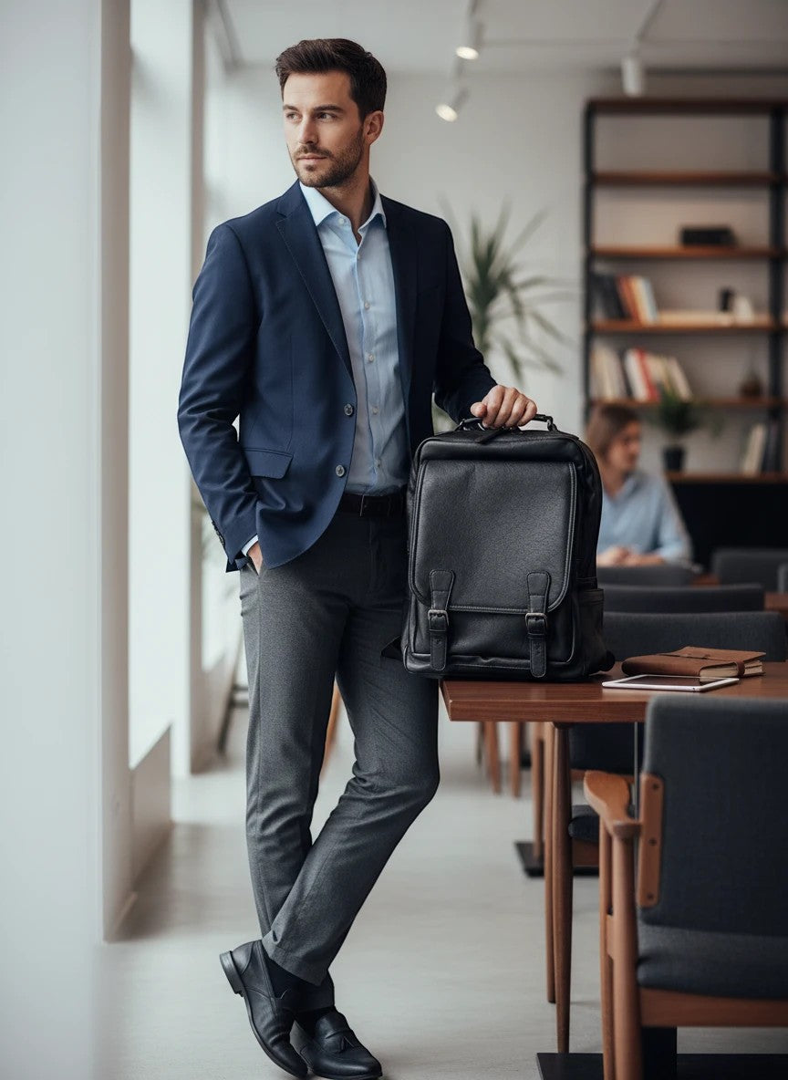 Man in business attire holding a black Barutti Bags & Accessories full-grain leather commuter backpack in an office.
