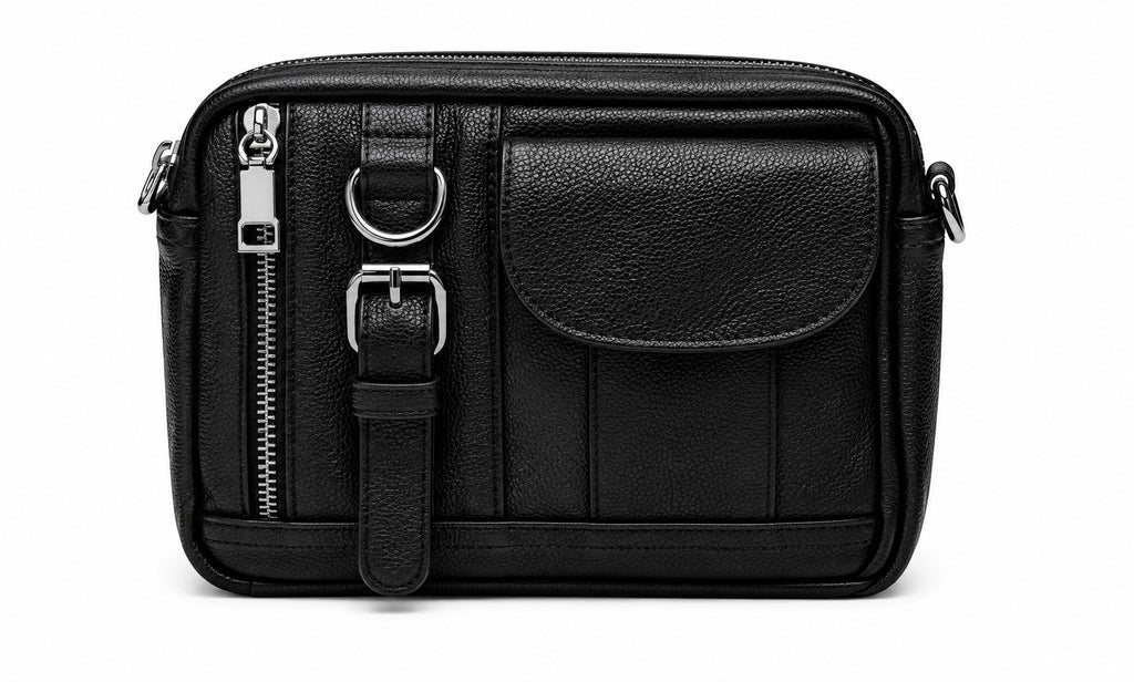 Barutti Bags & Accessories The Ravenna black pebbled full-grain leather camera crossbody bag with brass zippers.