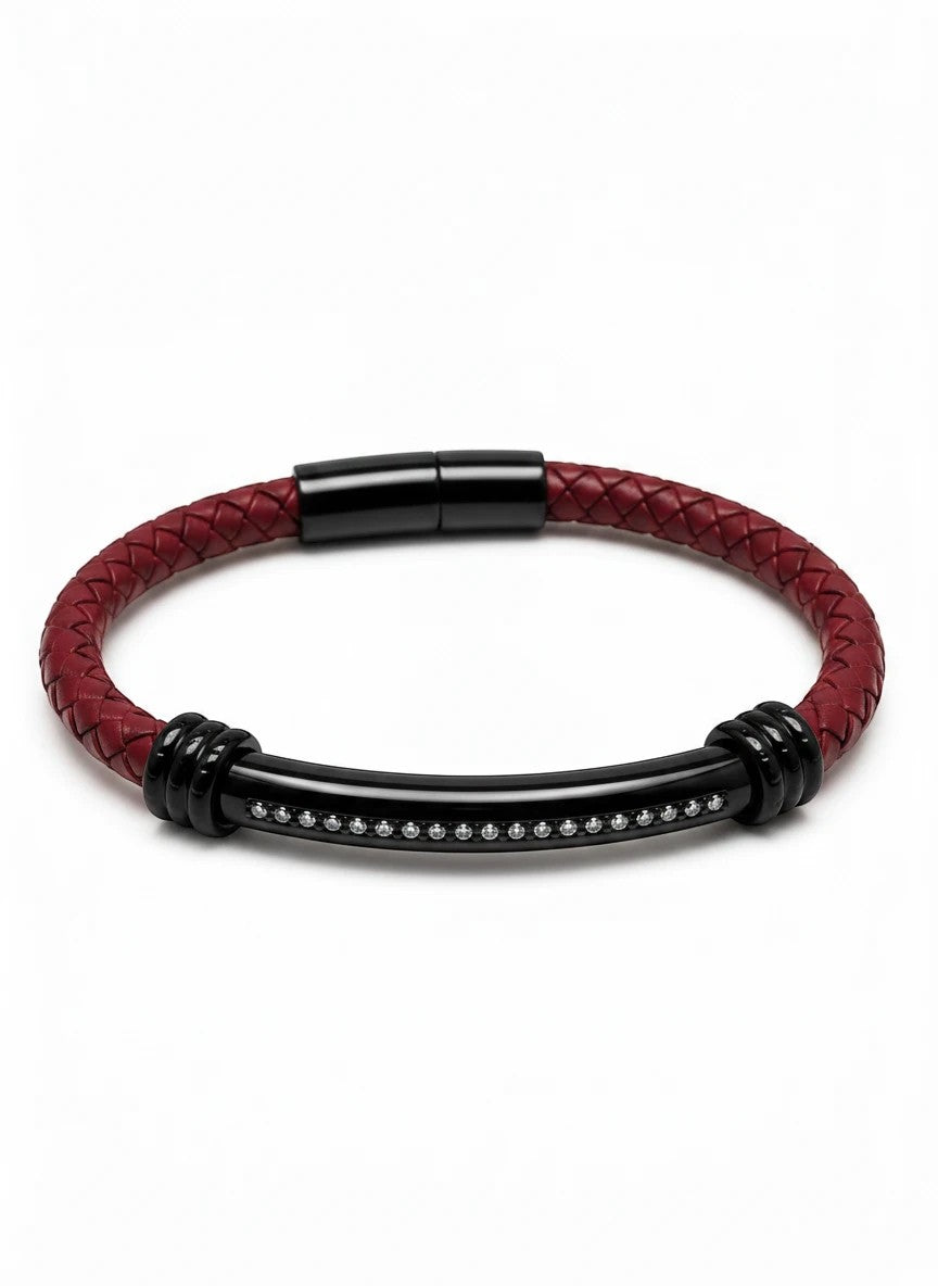 Barutti Bags & Accessories red braided full-grain leather bracelet with black stainless-steel ID bar and knurled inlay