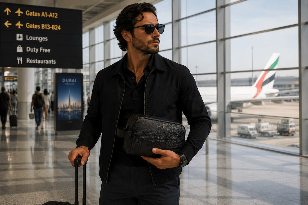 Man in airport holding a black Barutti Bags & Accessories Roma leather dopp kit with crocodile-embossed detail.