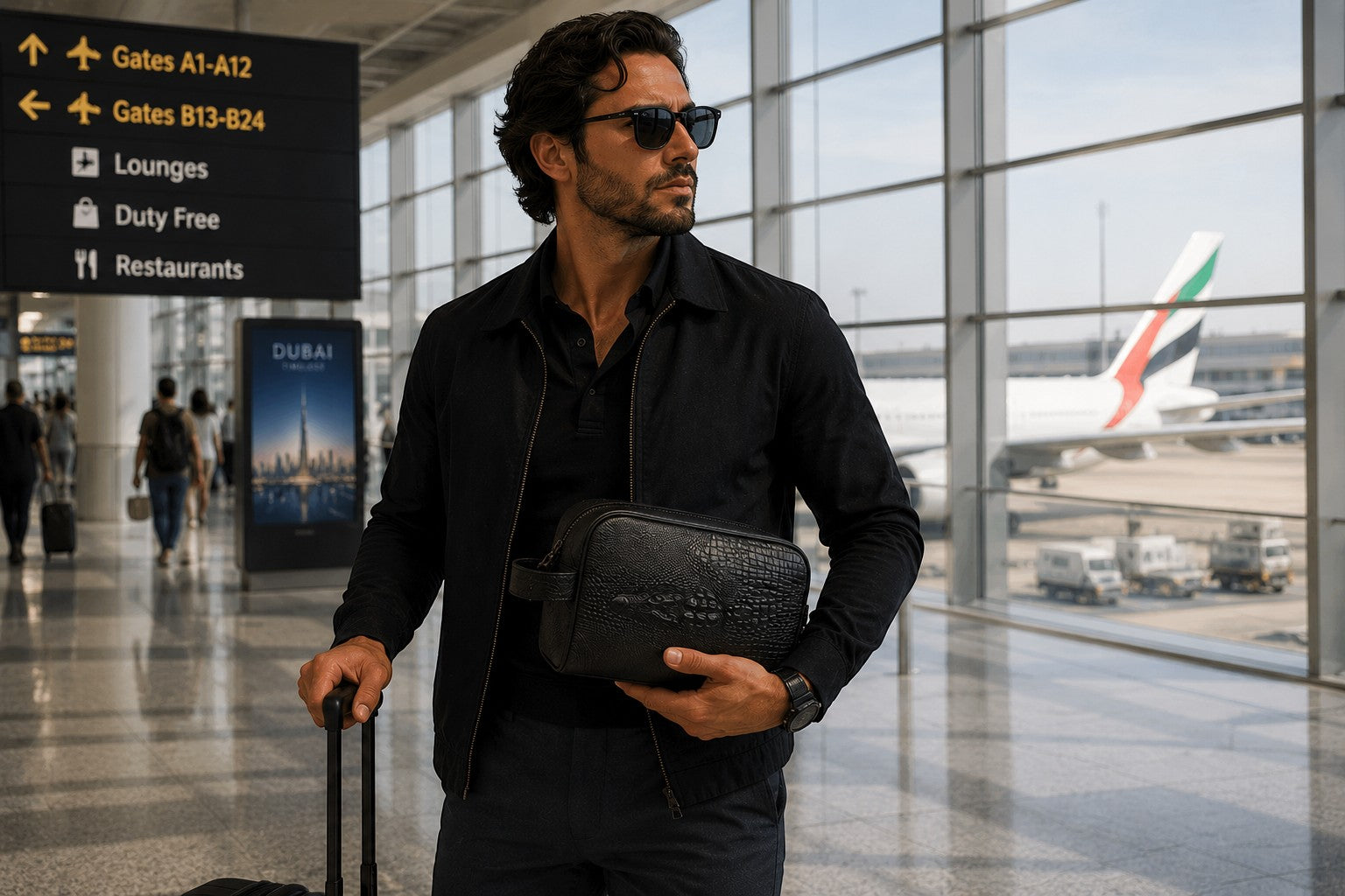 Man in airport holding a black Barutti Bags & Accessories Roma leather dopp kit with crocodile-embossed detail.