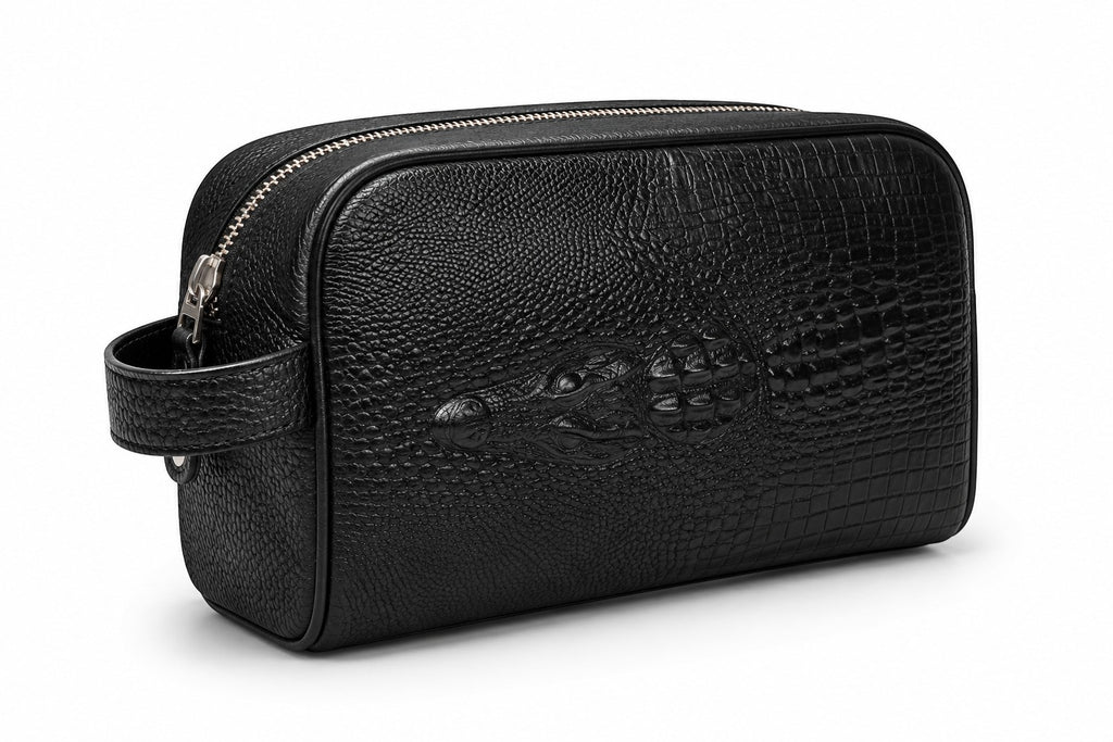 Barutti Bags & Accessories The Roma black pebbled leather dopp kit with crocodile-embossed front band and side handle.