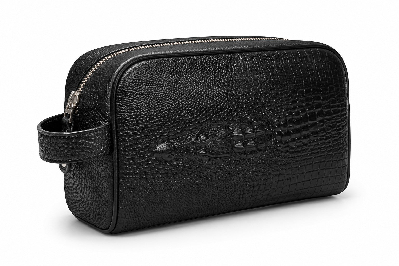Barutti Bags & Accessories The Roma black pebbled leather dopp kit with crocodile-embossed front band and side handle.