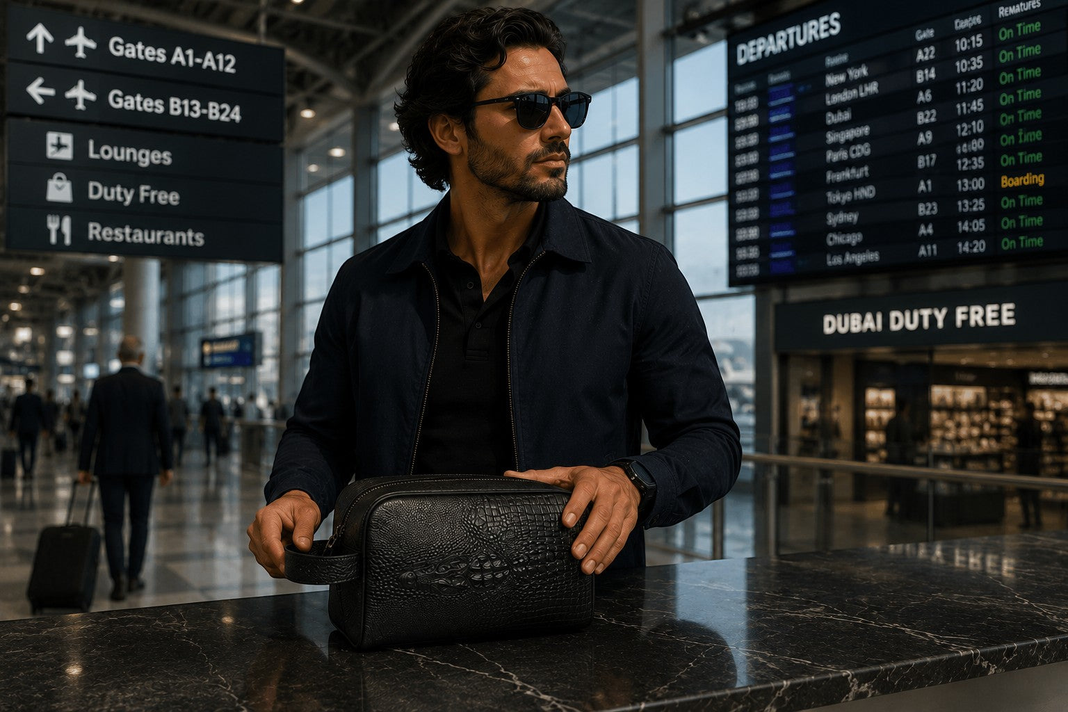 Man holding a black Barutti Bags & Accessories Roma leather dopp kit with crocodile-embossed detail at an airport.