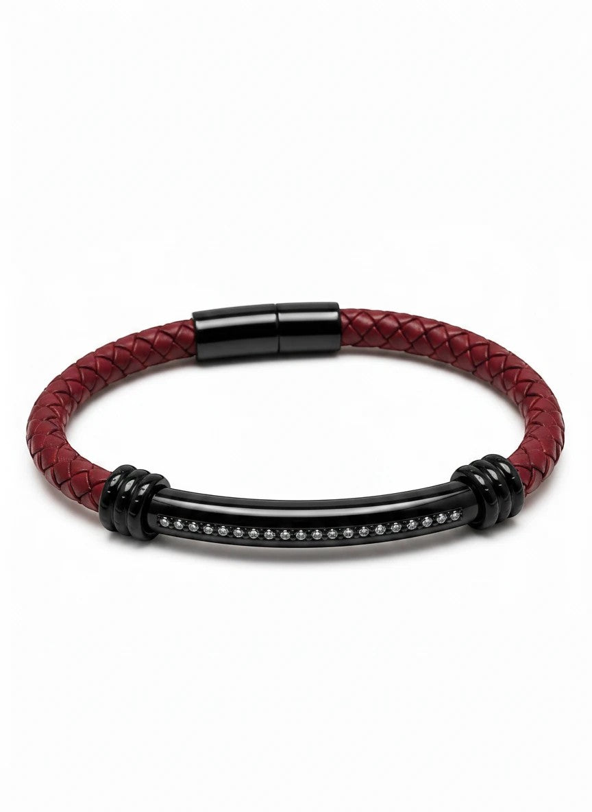 Barutti Bags & Accessories The Rosso red braided full-grain leather bracelet with black stainless-steel ID bar.