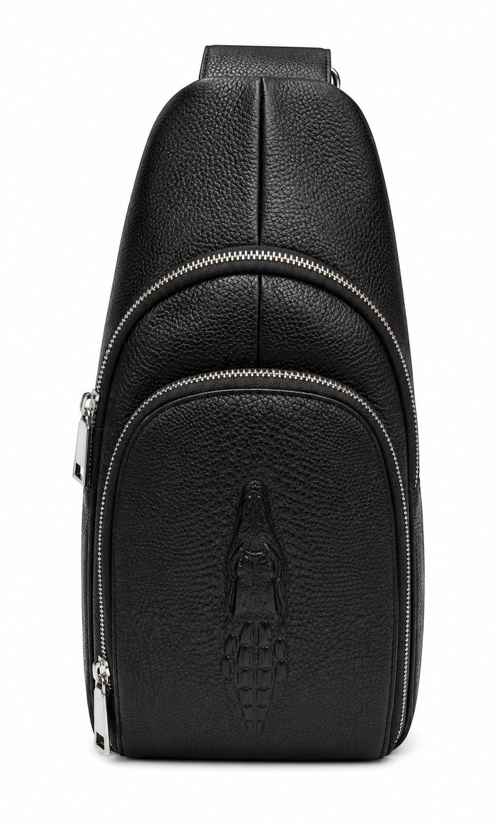 Barutti Bags & Accessories Sorrento black croc-embossed full-grain leather chest sling bag with brass zippers.