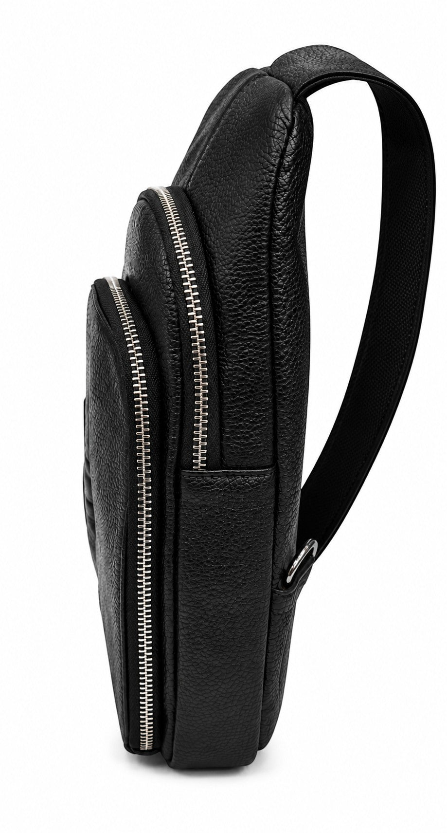 Barutti Bags & Accessories Sorrento black croc-embossed leather chest sling bag with adjustable strap and brass zippers.