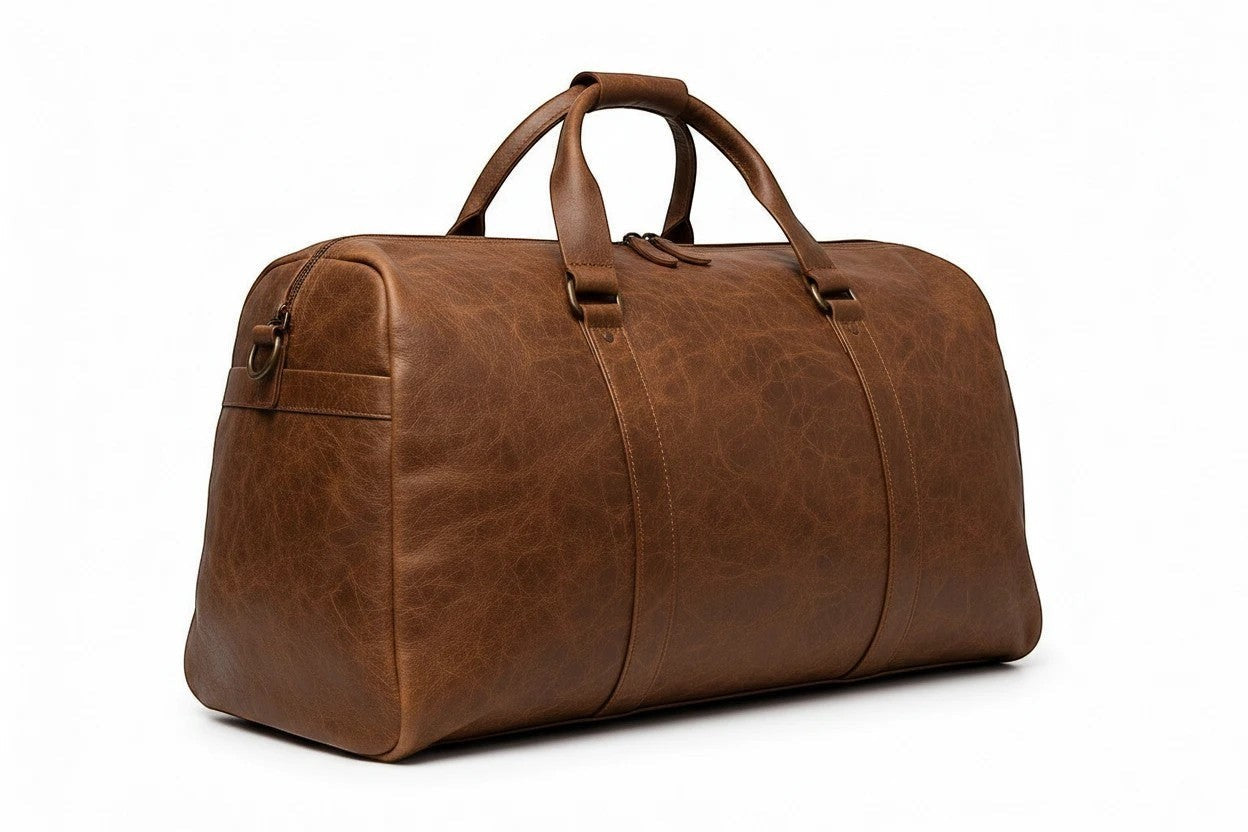 Barutti Bags & Accessories Toscana brown distressed full-grain leather weekender duffel bag with brass hardware.
