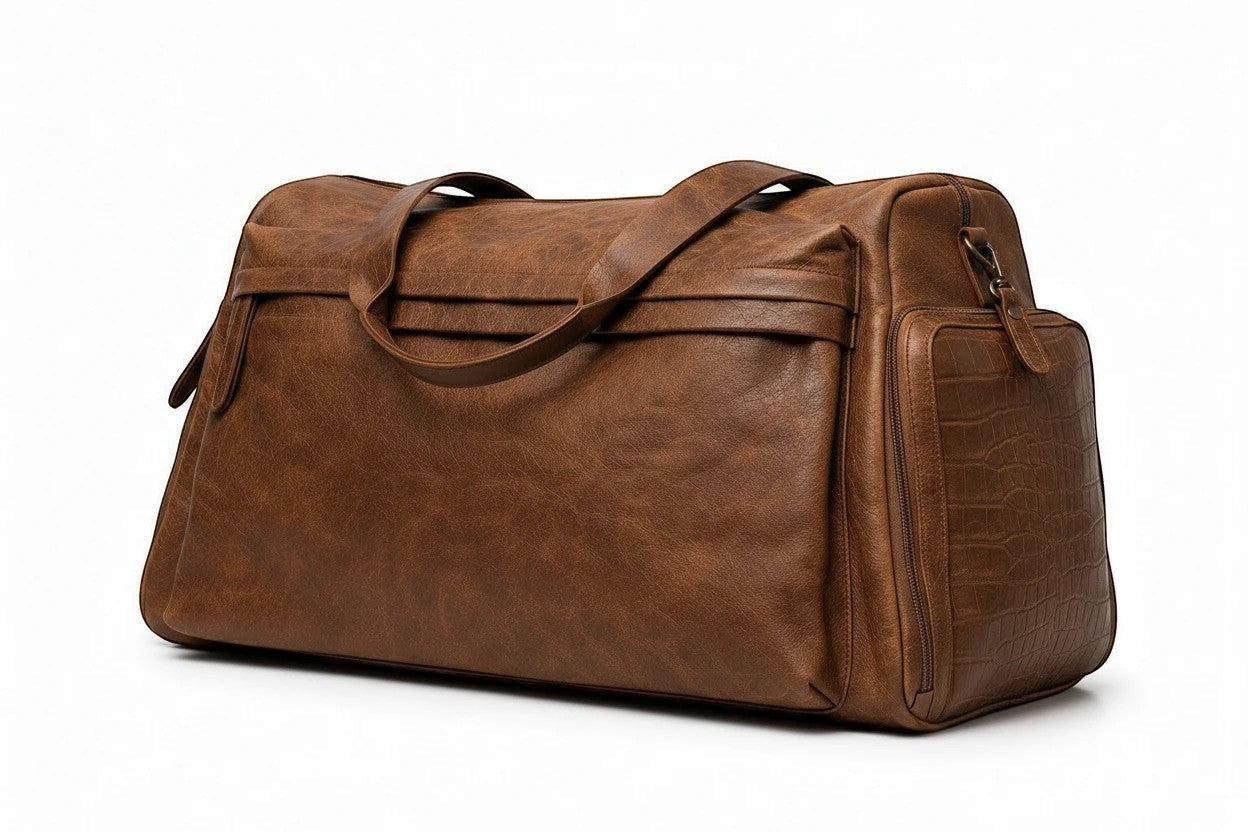 Barutti Bags & Accessories Toscana brown distressed full-grain leather weekender duffel bag with side zip pocket.