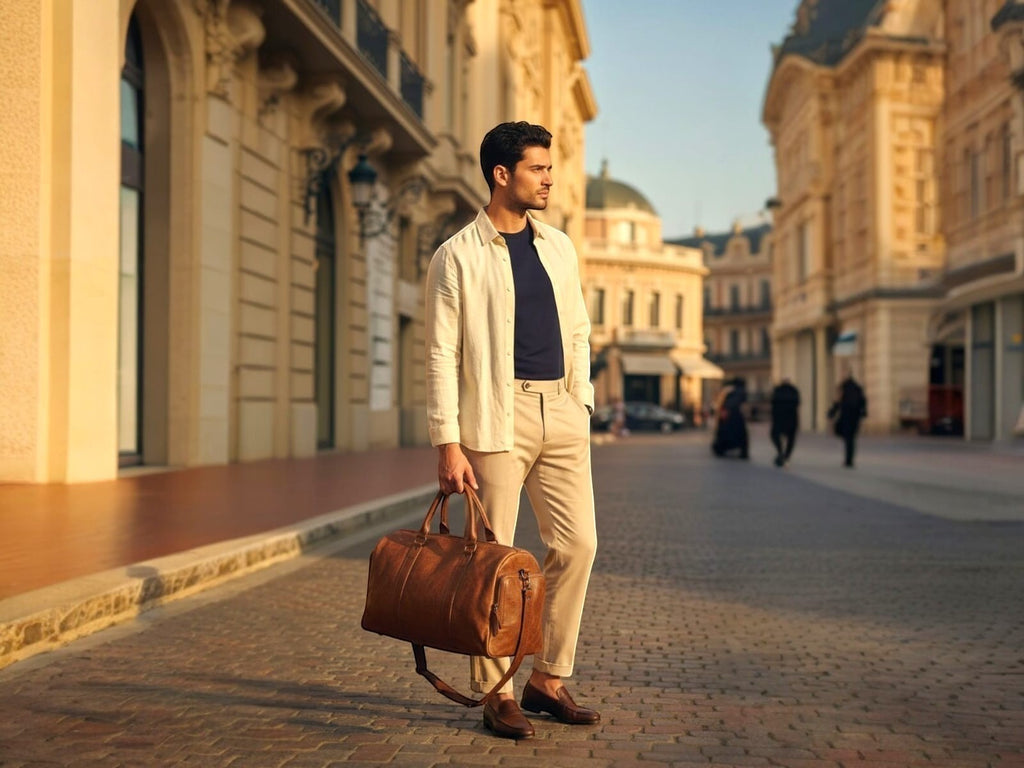 Man holding a Barutti Bags & Accessories Toscana brown distressed full-grain leather weekender duffel on a city street.