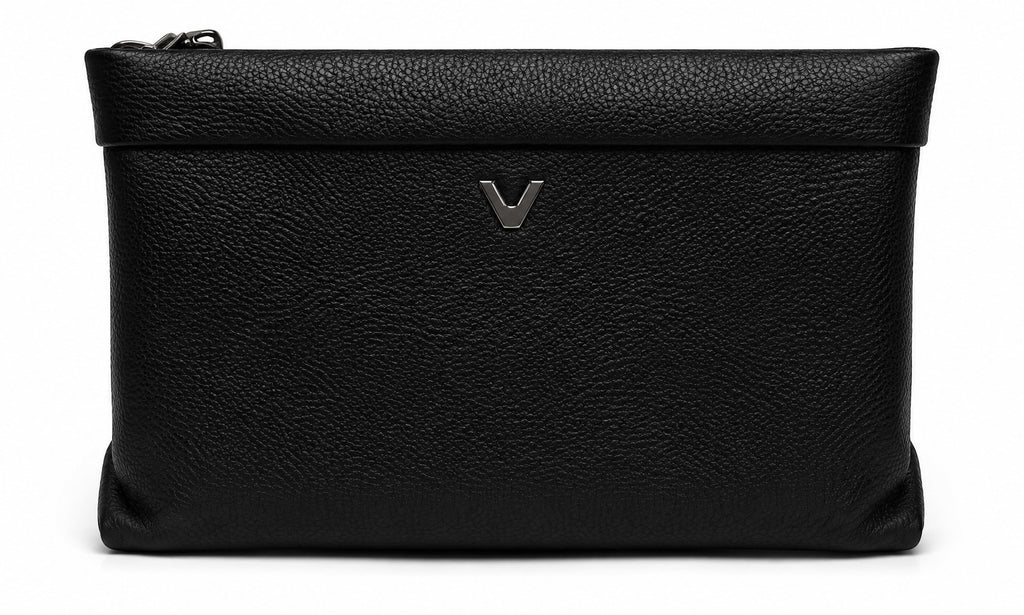 Barutti Bags & Accessories Trento black pebbled full-grain leather zip pouch with a minimalist metal logo accent.