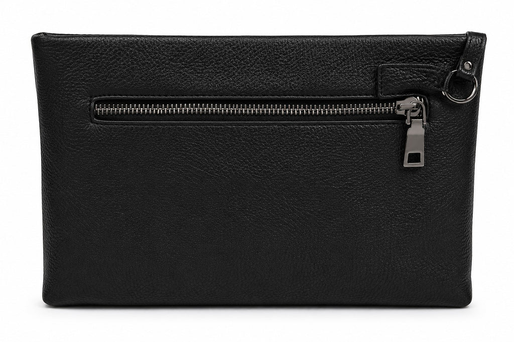 Barutti Bags & Accessories The Trento black pebbled full-grain leather zip pouch with a wrist loop and brass zipper.