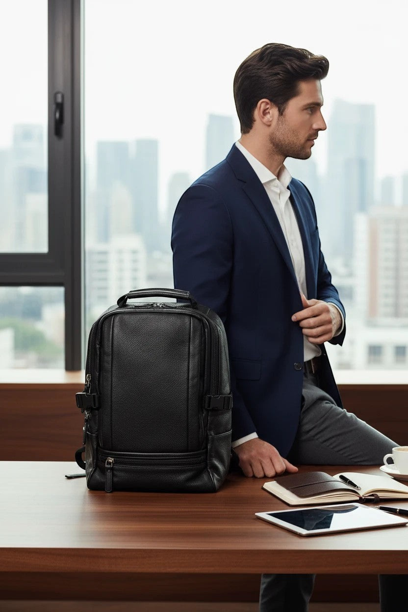 Man in suit next to a black Barutti Bags & Accessories Vicenza full-grain leather laptop backpack in an office.