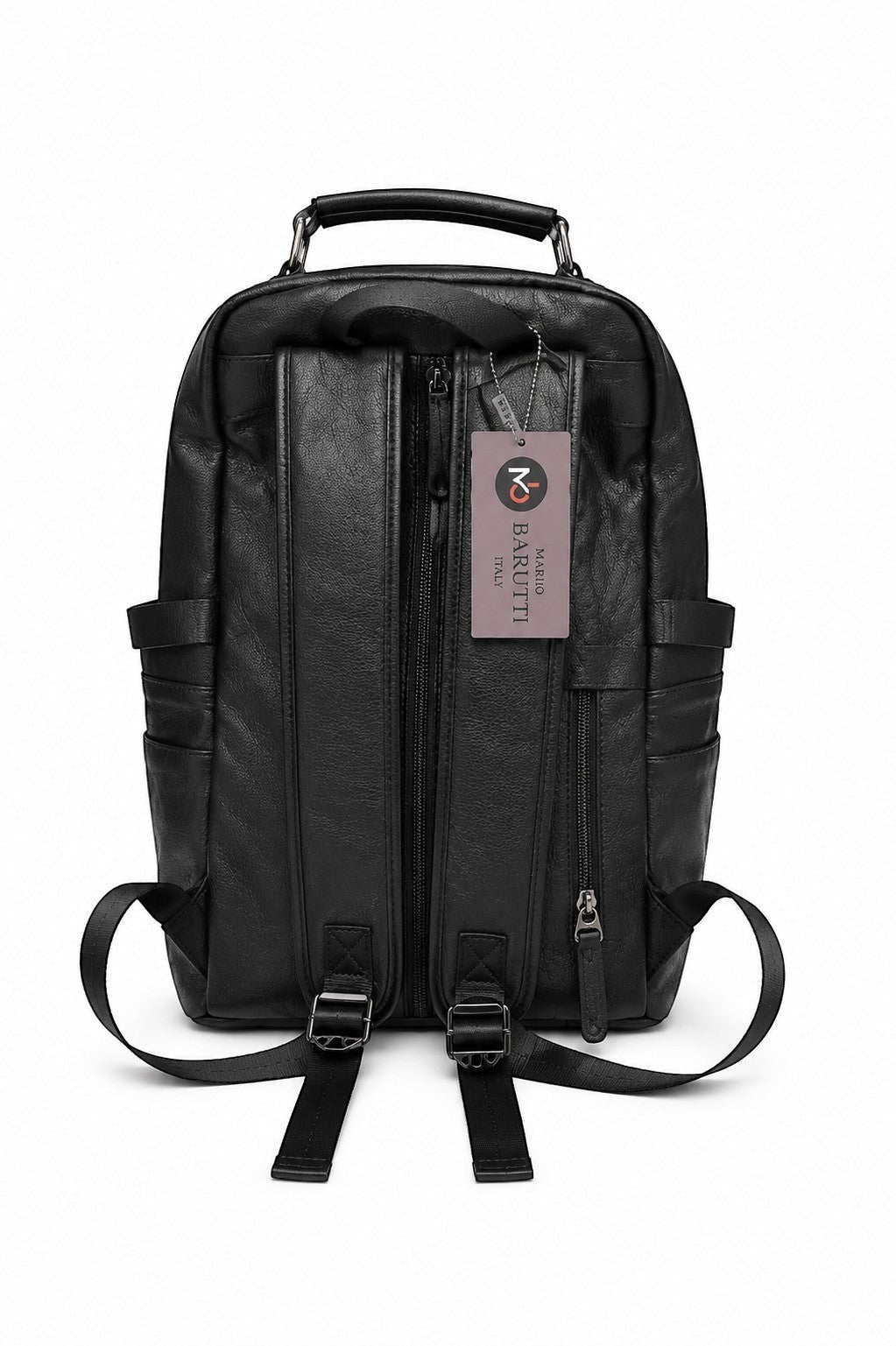 Back view of Barutti Bags & Accessories Vicenza black full-grain leather laptop backpack with padded straps.