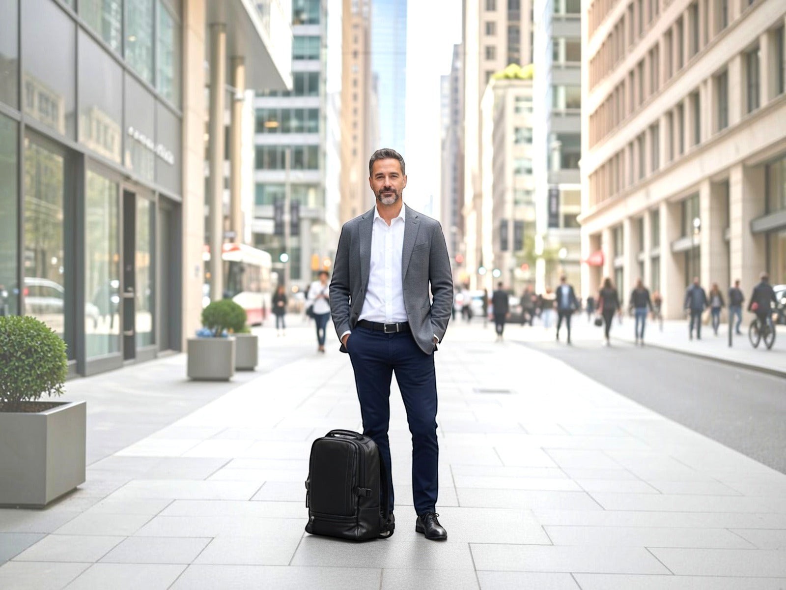 Man in business attire standing on a city street with a Barutti Bags & Accessories Vicenza black leather backpack.