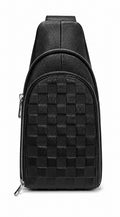Barutti Bags & Accessories The Capri black leather chest sling with woven basket-texture panel and brass zippers.