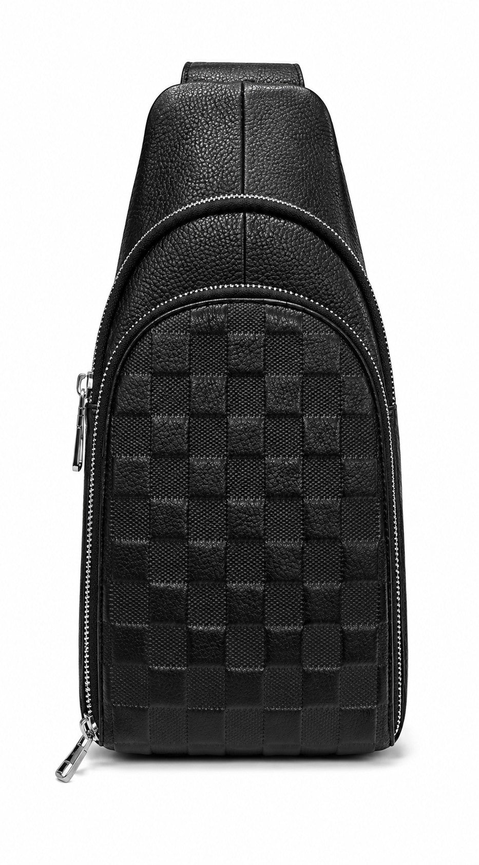 Barutti Bags & Accessories The Capri black leather chest sling with woven basket-texture panel and brass zippers.