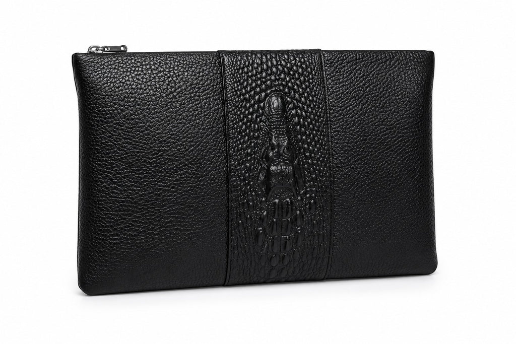 Barutti Bags & Accessories The Milano black pebbled leather zip clutch with a crocodile-embossed centre band.