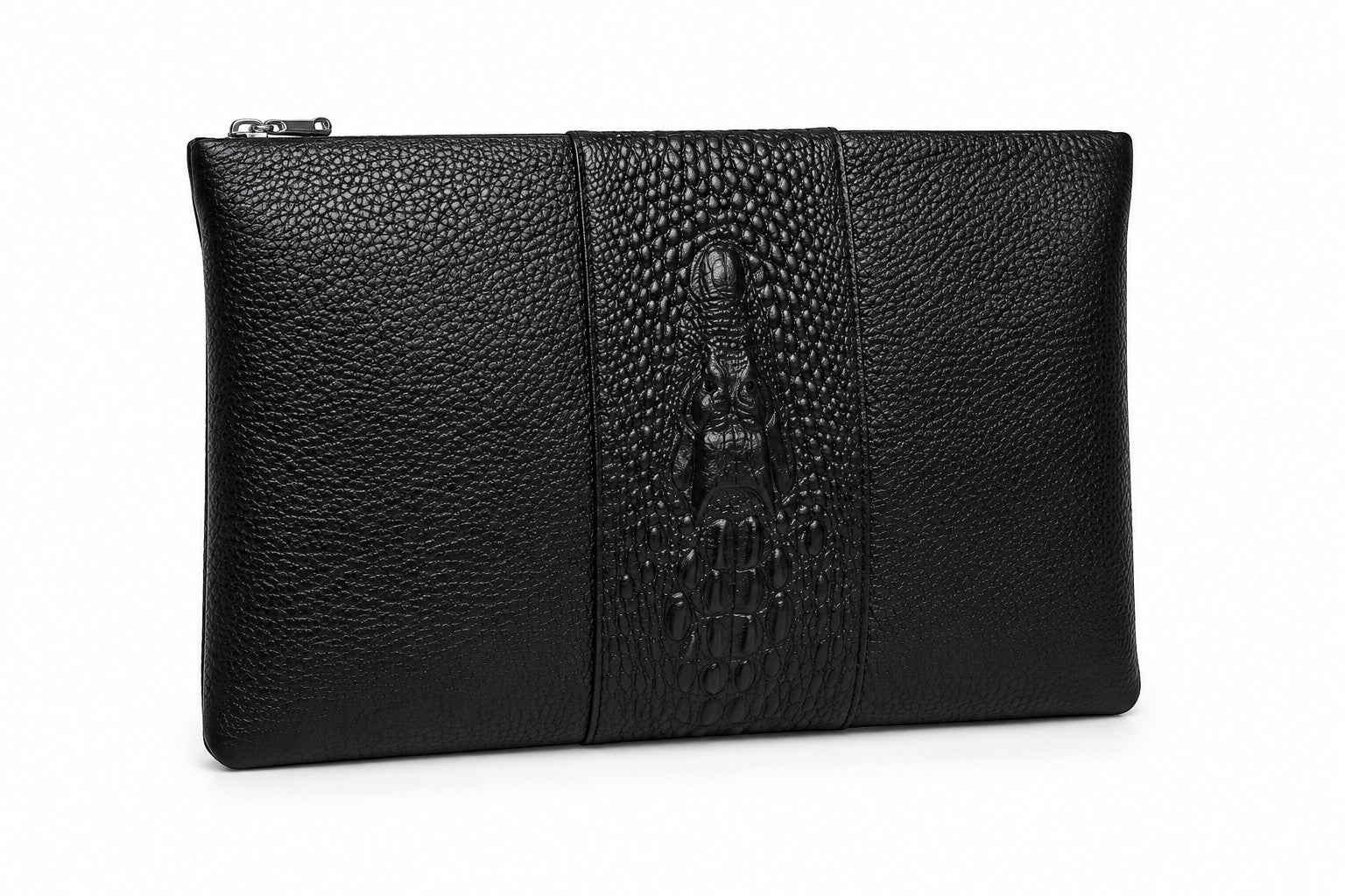 Barutti Bags & Accessories The Milano black pebbled leather zip clutch with a crocodile-embossed centre band.