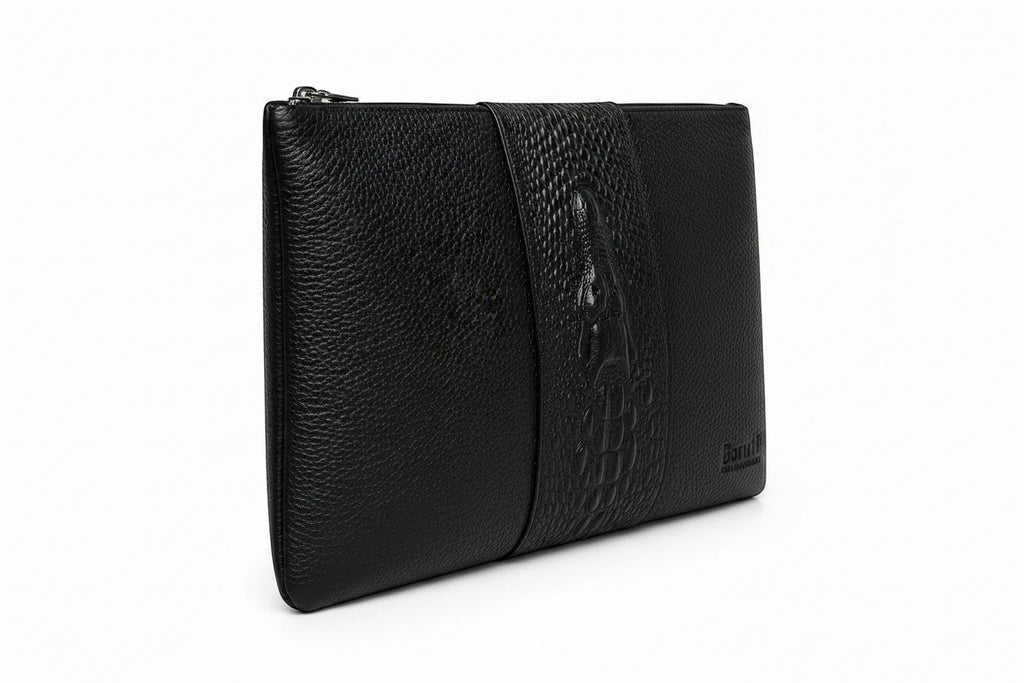 Barutti Bags & Accessories Milano black pebbled leather zip clutch with a crocodile-embossed centre band.