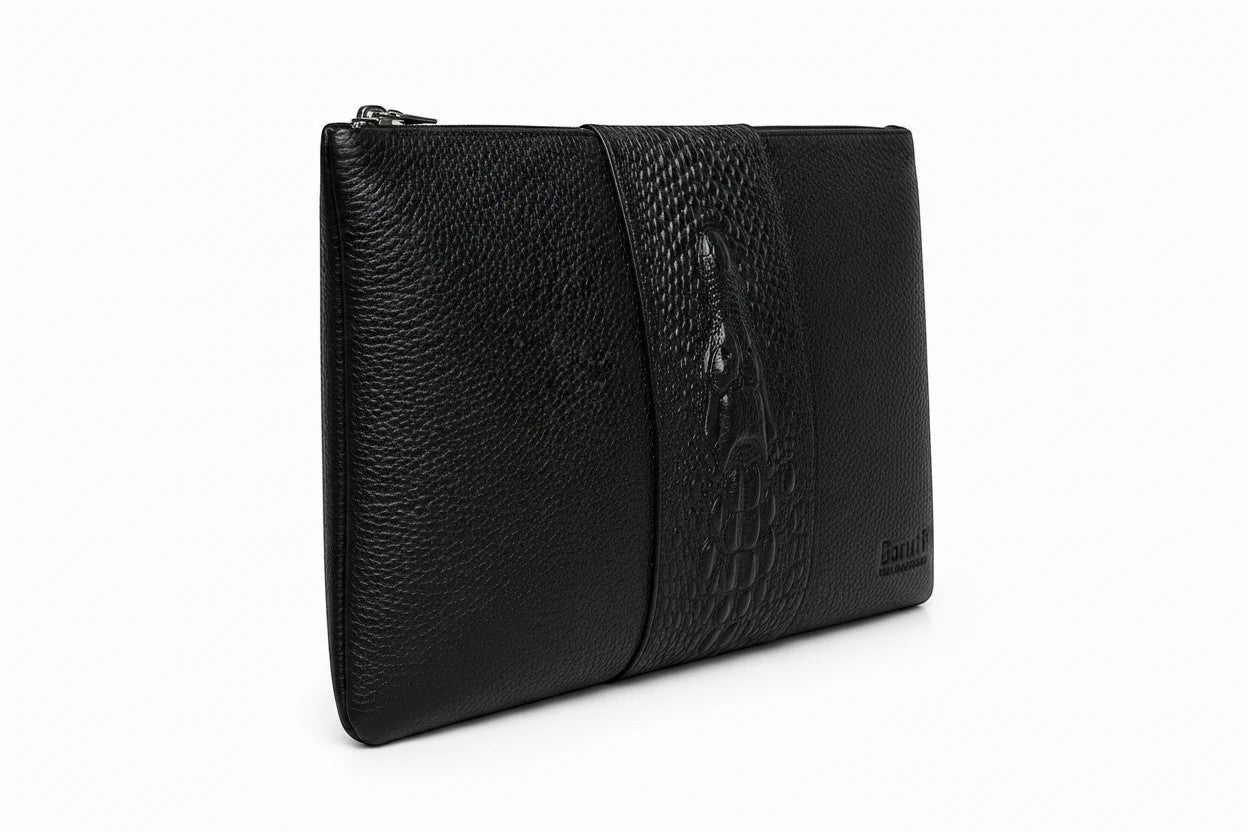 Barutti Bags & Accessories Milano black pebbled leather zip clutch with a crocodile-embossed centre band.