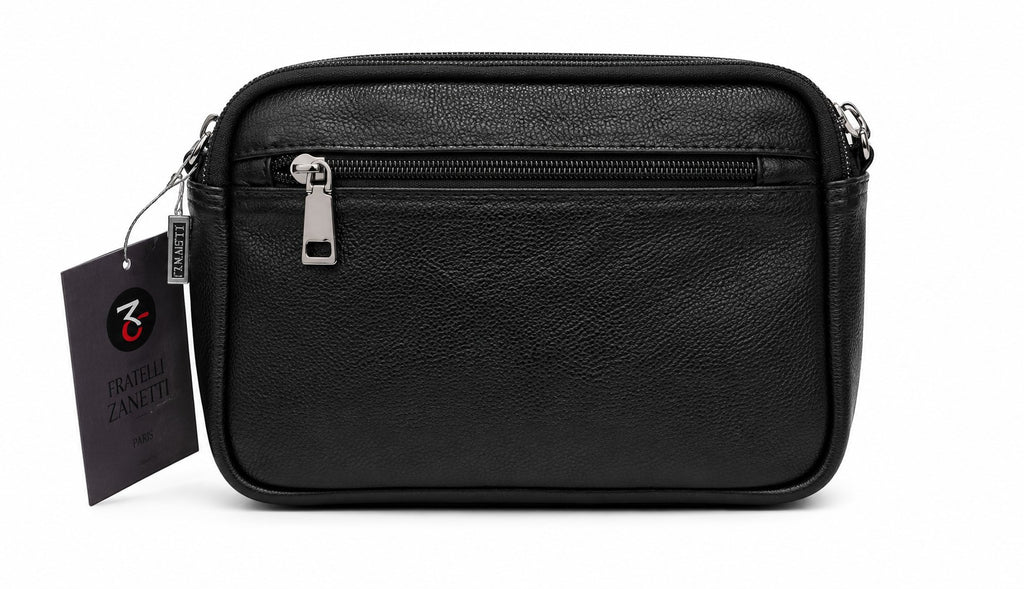 Barutti Bags & Accessories The Ravenna black pebbled full-grain leather box crossbody bag with brass zipper details.