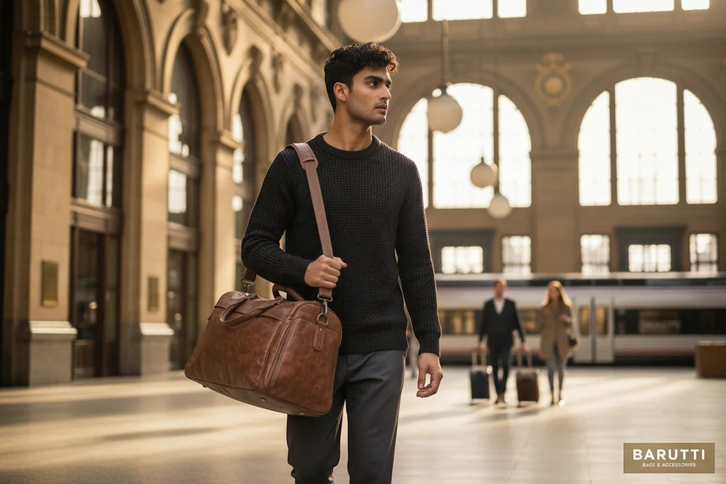 Barutti Bags & Accessories Toscana distressed full-grain leather weekender duffel bag with shoulder strap and handles.