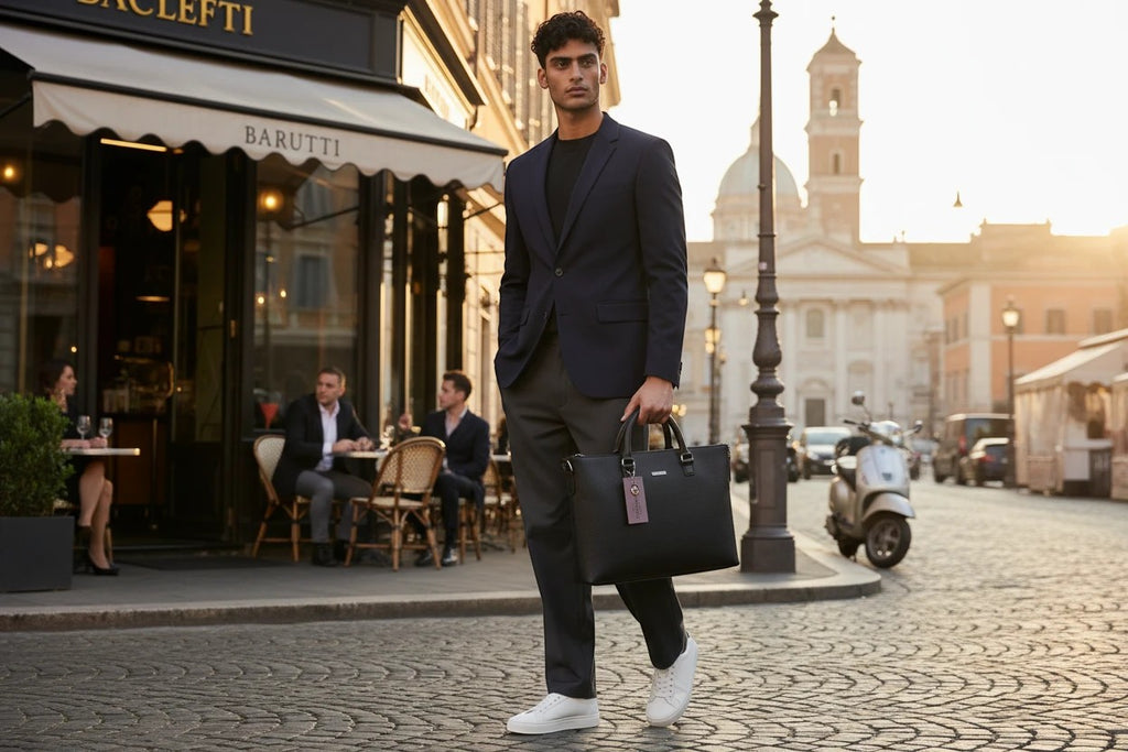 Man in suit carrying a black full-grain leather Barutti Bags & Accessories Genova briefcase on a cobblestone street.