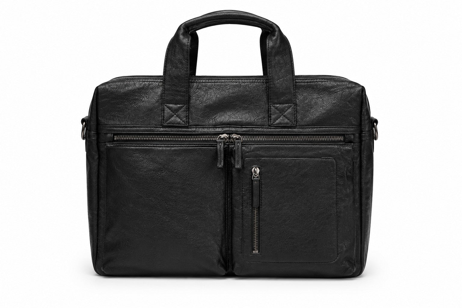 Barutti Bags & Accessories The Modena black full-grain leather laptop bag with brass zippers and front pockets.
